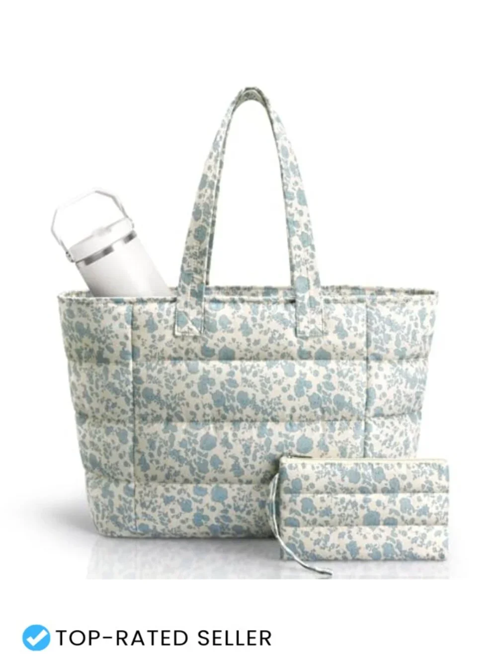 Quilted Nylon Puffer Tote with Mini Pouch, Lightweight Laptop Travel Weekender